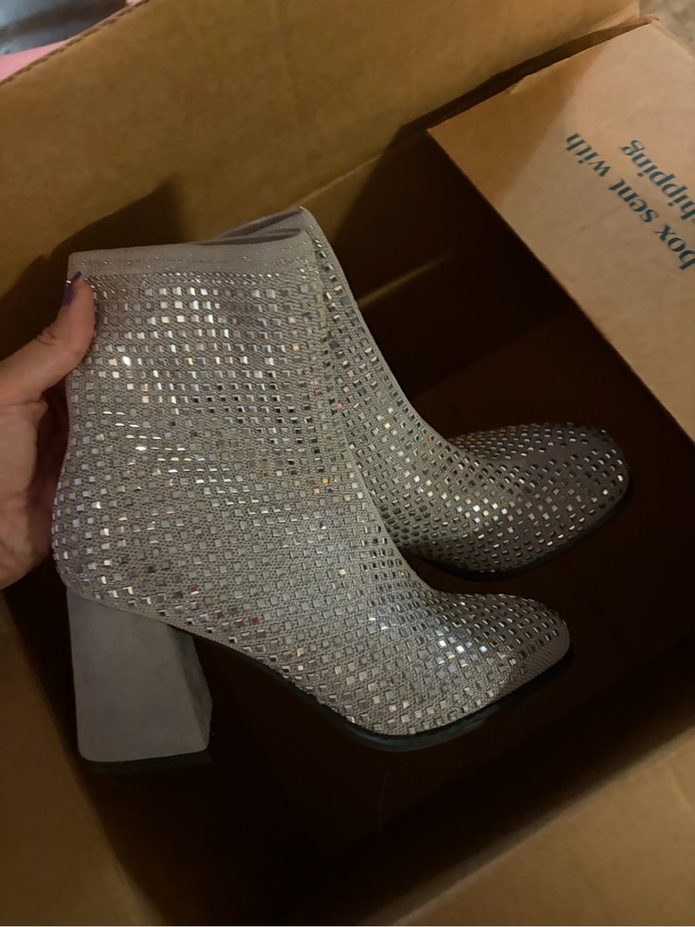 MIA Embellished Silver Mesh Block Heel Ankle Boots